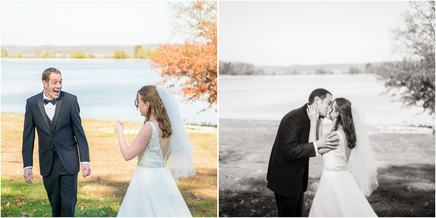 Sweet bride and groom first look at Lake Monroe wedding