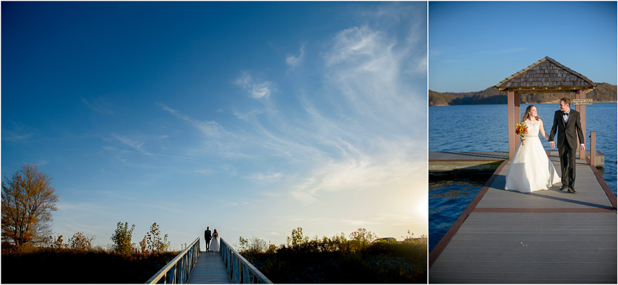 Creative and fun wedding portraits on dock at Lake Monroe