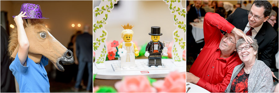 Cute and funny wedding guests and lego bride and groom cake topper