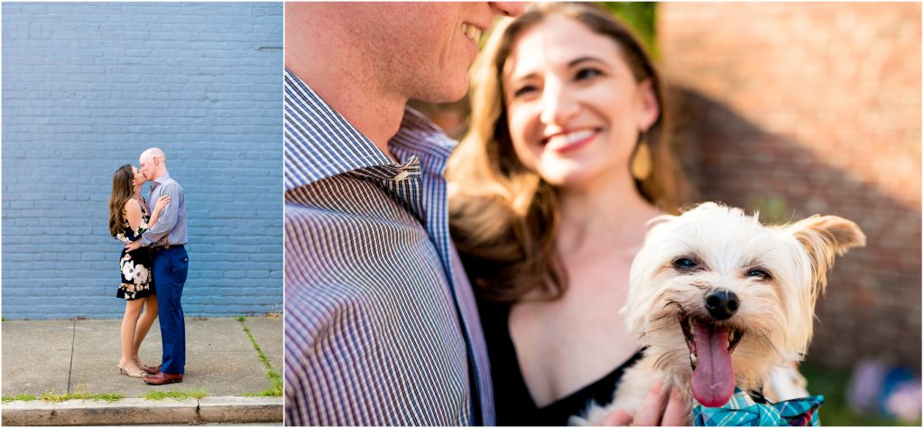 Becky + Rob holding their dog during their Richmond Engagement Pics