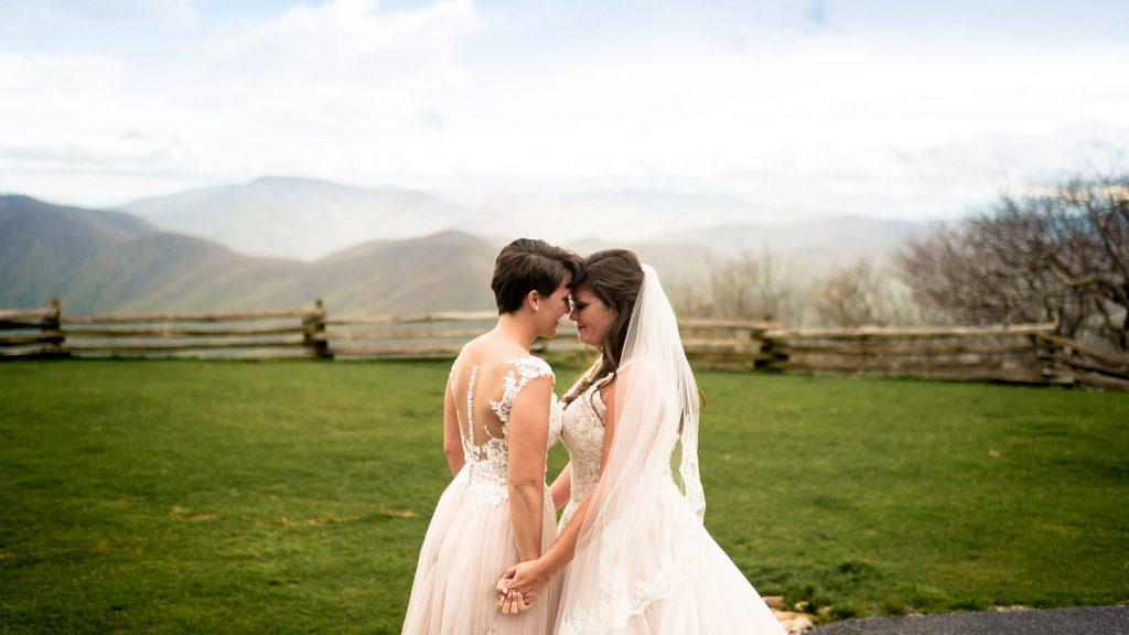 Ashley + Sarah at the top of Wintergreen Mountain before their Bold Rock wedding