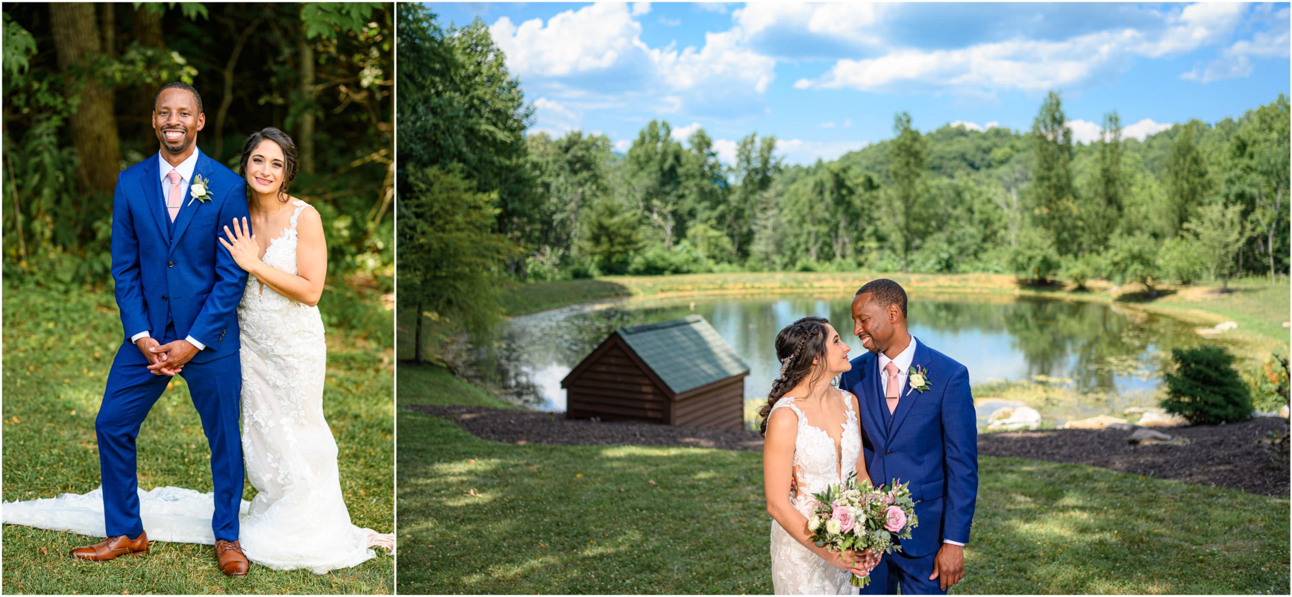 Couple's wedding portraits at the House Mountain Inn pond at their Irvine Estate wedding.