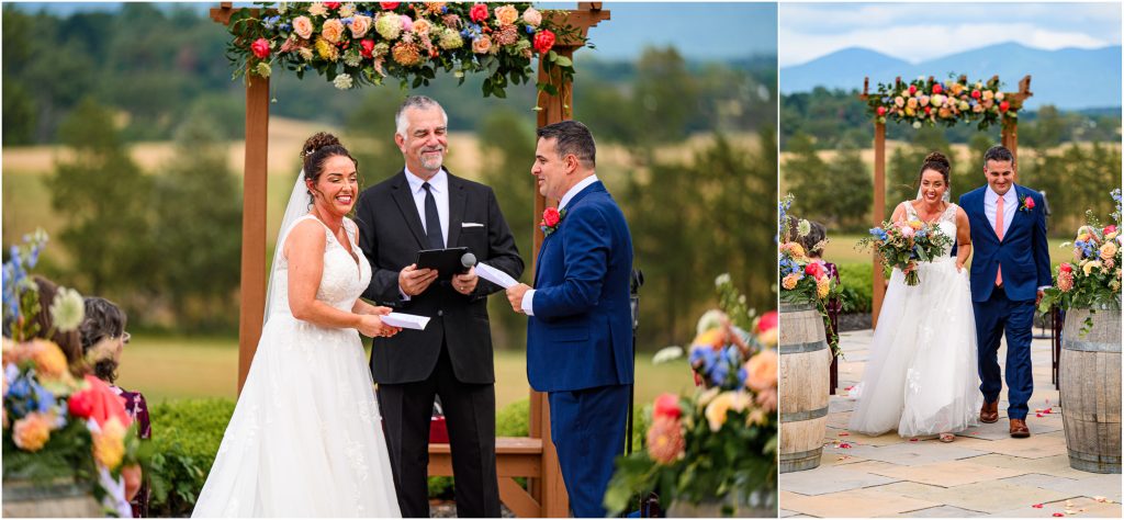 Couple at an colorful flower altar at their CrossKeys Vineyards wedding ceremony.