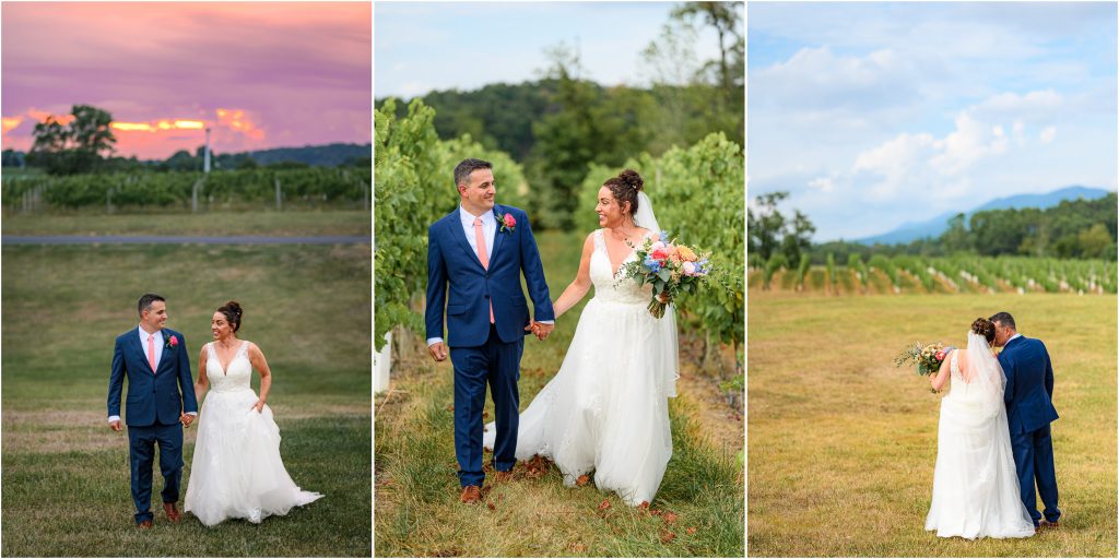 Triptych of couple walking in the vines at their CrossKeys Vineyards wedding