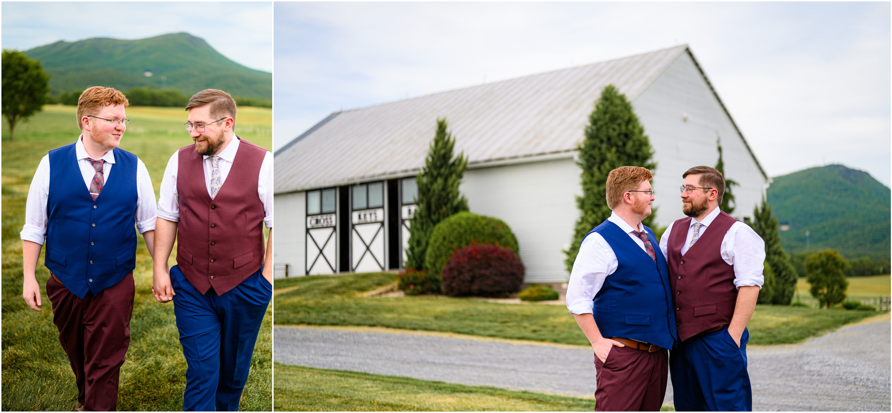 Couple in front of cross keys barn at their wedding posing for photos