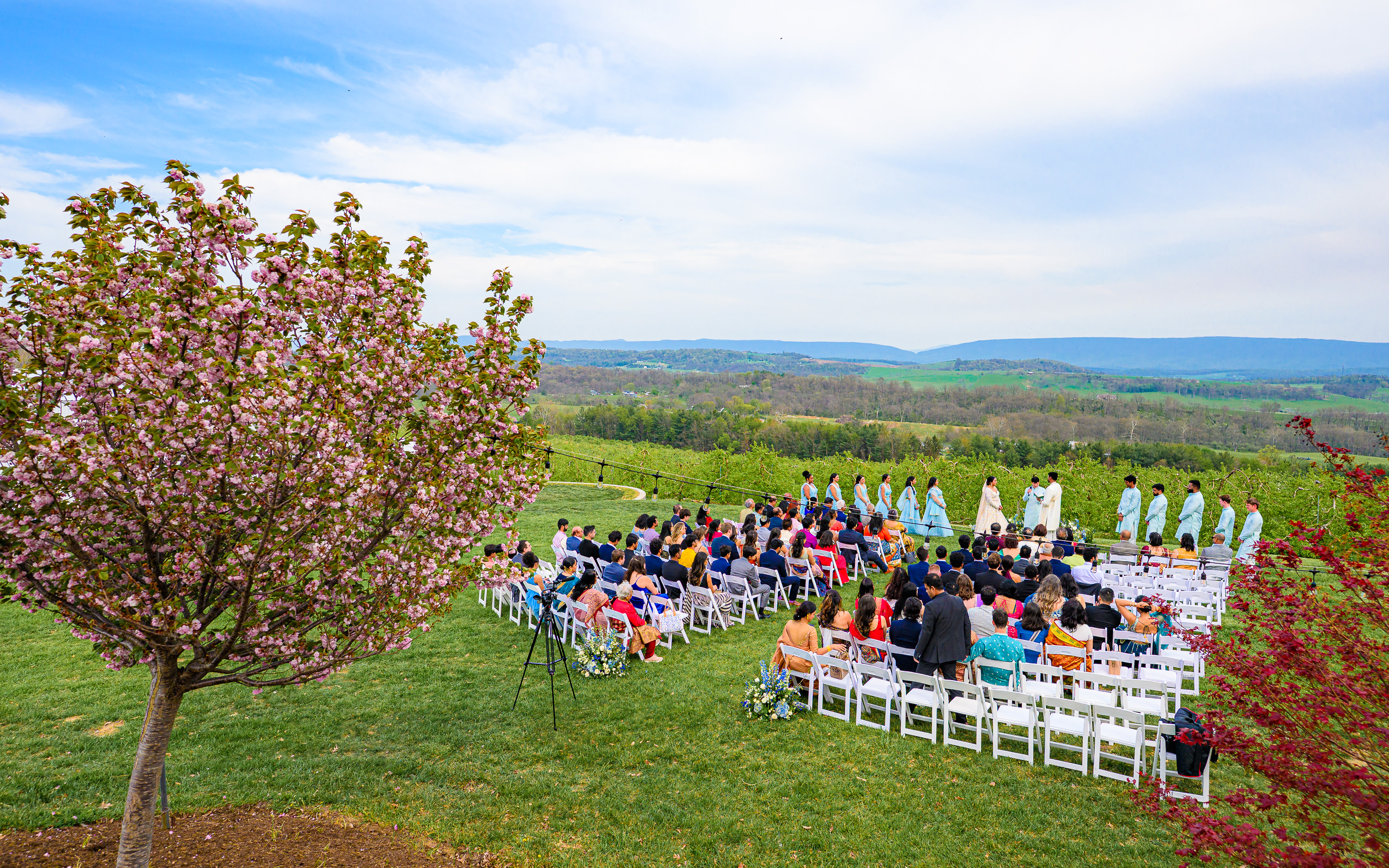 A view from above at a Showalter's Orchard wedding photography ceremony on the hill