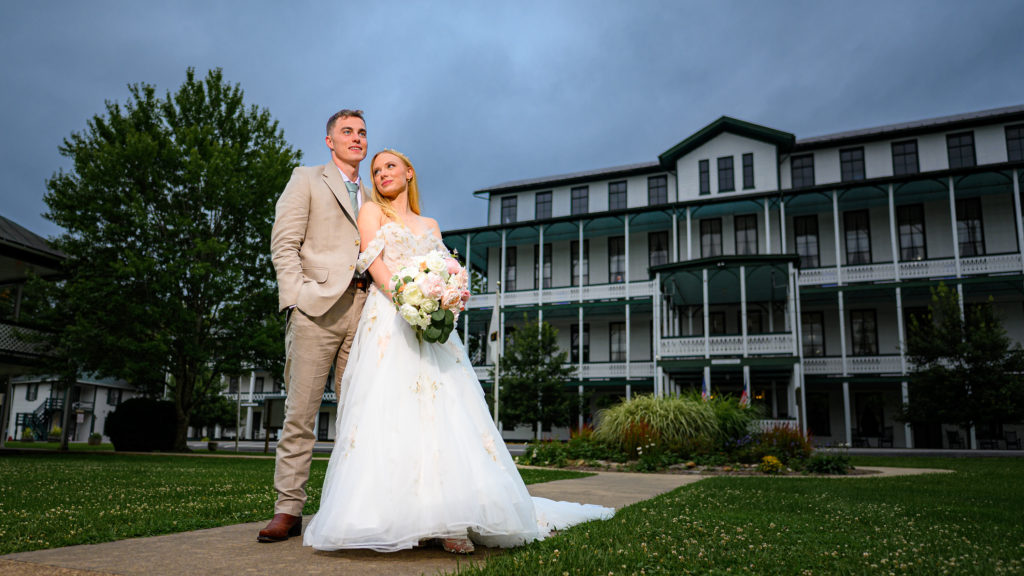 Wedding couple standing in front of Virginia House at their Shring Mont wedding photography in Orkney Springs, VA