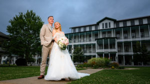 Wedding couple standing in front of Virginia House at their Shring Mont wedding photography in Orkney Springs, VA